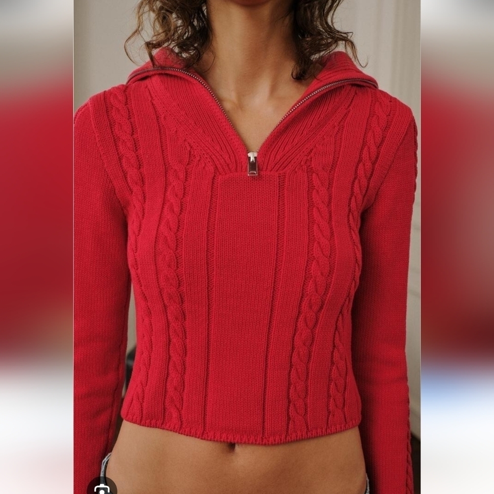 ZARA | RED CABLE KNIT JUMPER Half Zip Sweater HIGH NECK SIZE M